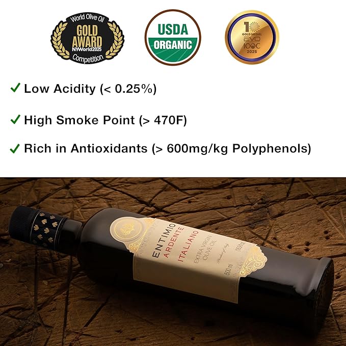 Entimio Ardente +600 mg/kg Polyphenol Rich Organic Extra Virgin Olive Oil, New 2024-2025 Early Harvest Italian Olive Oil from Sicily, Italy, 2025 Gold Winner, Cold Extracted, Lab Tested - 16.9 fl oz