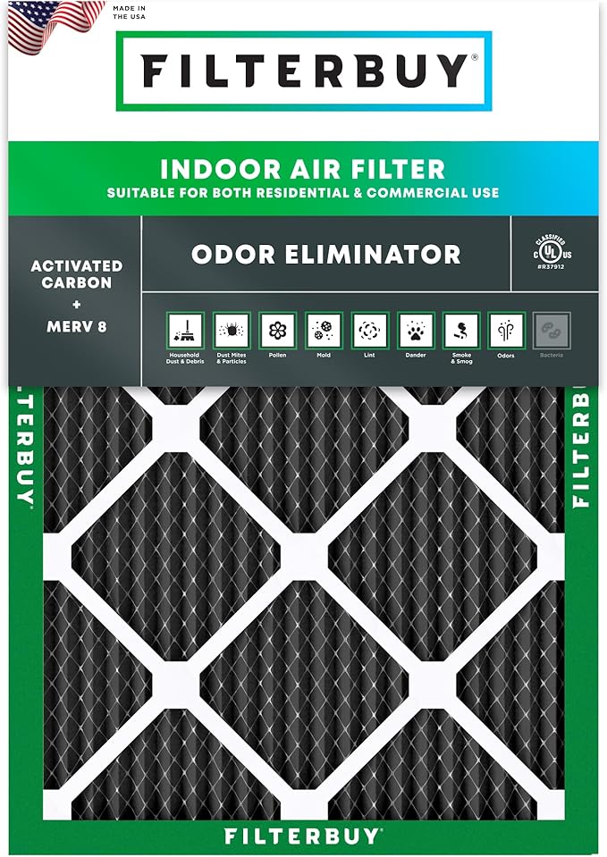 Filterbuy 20x24x1 Air Filter MERV 8 Odor Eliminator (1-Pack), Pleated HVAC AC Furnace Air Filters Replacement with Activated Carbon (Actual Size: 19.38 x 23.38 x 0.75 Inches)