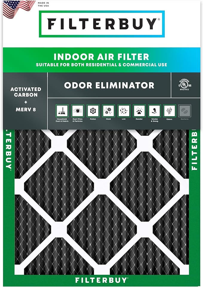 Filterbuy 22x24x1 Air Filter MERV 8 Odor Eliminator (1-Pack), Pleated HVAC AC Furnace Air Filters Replacement with Activated Carbon (Actual Size: 21.50 x 23.50 x 0.75 Inches)