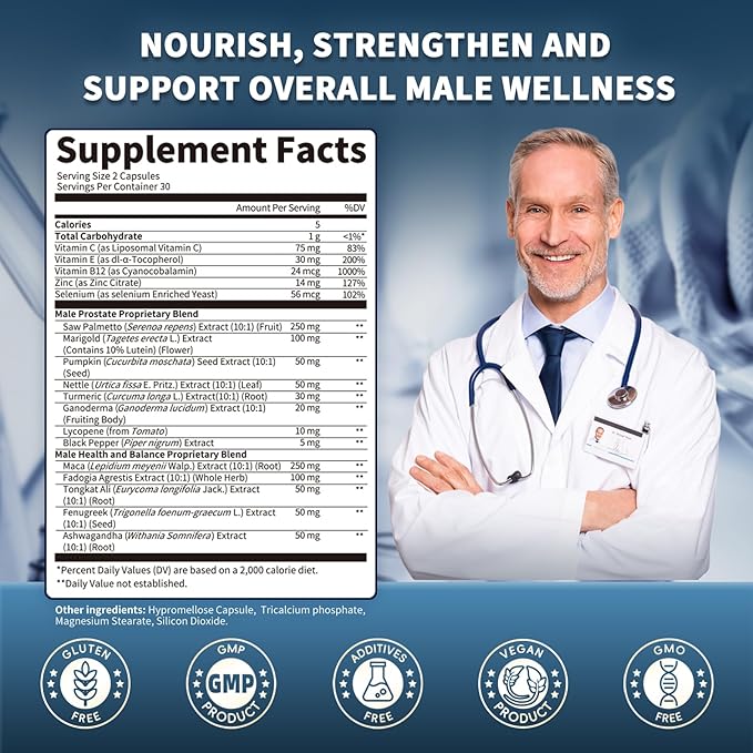 Prostate Health Supplements for Men - 18 in 1 Saw Palmetto with Pumpkin Seed & Nettle - Advanced DHT Blocker - Urinary Tract Health Support - Enhanced with Ashwagandha, Reishi, 2 Pack