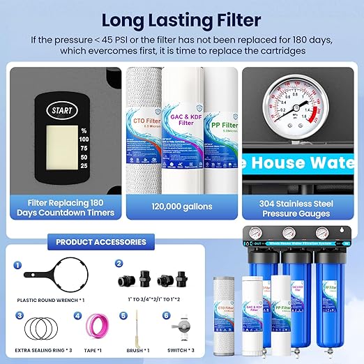 Whole House Water Filter System, 3-Stage Whole House Water Filtration System, with 20"x4.5" PP/GAC&KDF/CTO Filter, Reduces Chromium, Chloramine, Lead, Mercury, Copper, Nickel, Sediment, Odor, 1" FNPT