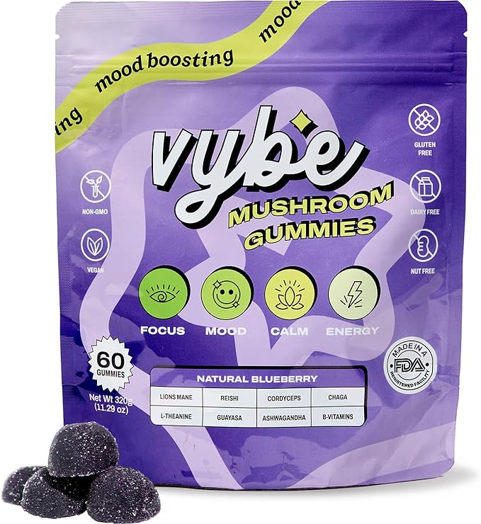 Vybe Daily Nootropic Gummies – 8-in-1 Mushroom & Adaptogen Brain Supplement for Focus, Energy, and Mood with Lion's Mane, Cordyceps, Reishi, Chaga, Ashwagandha (Blueberry, 60-Count)