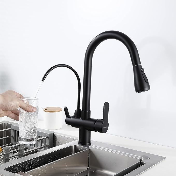 HUAHUALALA Matte Black Kitchen Sink Faucets with Pull Down Sprayer,Drinking Water Faucet,Modern Dual Handle 3-in-1 High Arc Water Filter Purifier Faucet for Reverse Osmosis or Water Filtration System