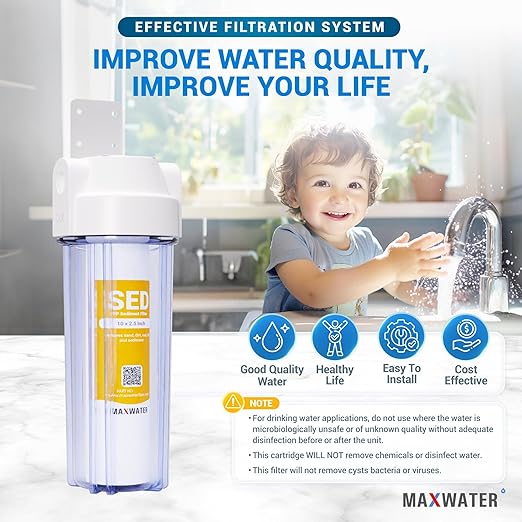 Max Water Whole House Water Filter 10 inch Housing for Under Sink RO Water Filtration System w/PP Sediment Water Filter 5 Micron, 3/4 NPT, Wrench + Bracket