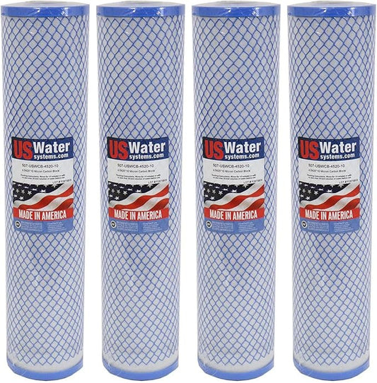 US Water Systems Carbon Water Filter 20 x 4.5, Whole House Water Filter Cartridge 10 Micron, Removes Contaminants for Superior Taste and Odor Removal, Made in the USA - Pack of 4