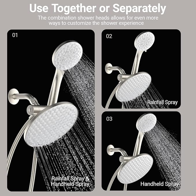 8.6 inch High Pressure 3-Way Shower Heads Combo, Pulsating Rainfall Shower Head, 6-Settings Dual Shower Head with Handheld Hose 6ft Brushed Nickel