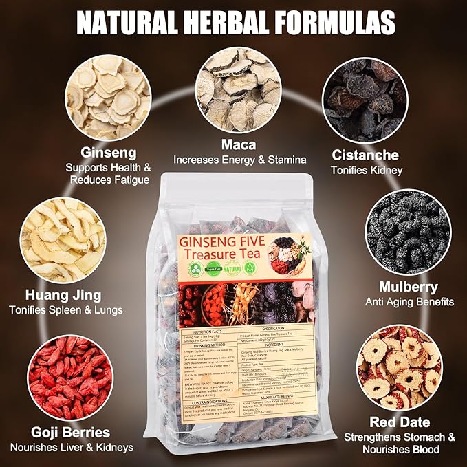 Ginseng Five Treasure Tea Kidney Tea 30 Bags, Formula Traditional Chinese Herbal Kidney Cleanse Detox Repair for Women & Men