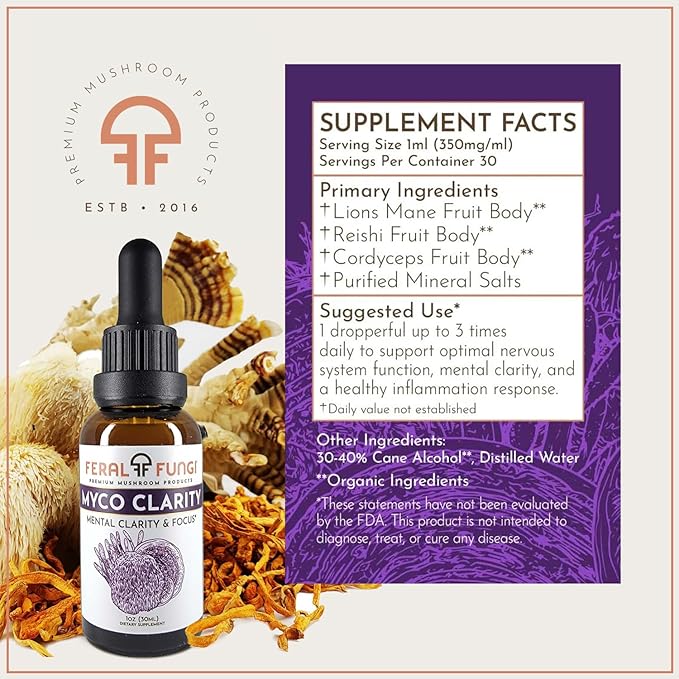 Myco-Clarity Extract – Lion’s Mane, Reishi & Cordyceps – Triple-Extracted Spagyric Tincture for Mental Clarity and Focus – 100% Fruiting Body – Natural Flavor – Made in The USA – 1oz