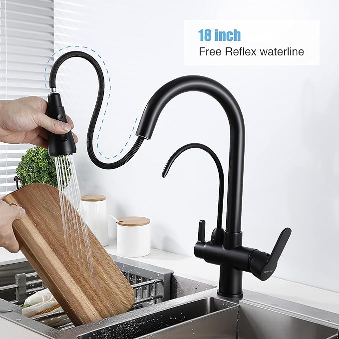 HUAHUALALA Matte Black Kitchen Sink Faucets with Pull Down Sprayer,Drinking Water Faucet,Modern Dual Handle 3-in-1 High Arc Water Filter Purifier Faucet for Reverse Osmosis or Water Filtration System