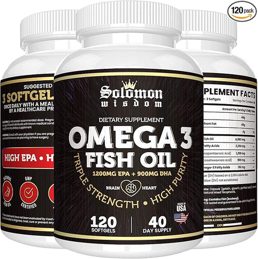 SOLOMON WISDOM Omega 3 Fish Oil - Dietary Supplement for Healthy Heart & Brain - 120 Soft Gel Capsules with High EPA 1200mg & DHA 900mg - Burpless, Odorless with Natural Lemon Flavor