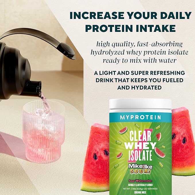 Myprotein Clear Whey Isolate Protein Powder, 1.1 Lb (20 Servings) Fruity Mike and IKE Sour Watermelon Drink Mix, 20g Protein per Serving, Daily Drink for Superior Performance