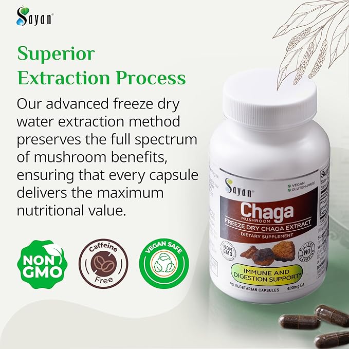 Sayan Siberian Chaga Mushroom Extract – 90 Capsules/420mg ea – Natural & Wild-Harvest Antioxidant Supplement – Immune System Support & Regulate Body Functions – Vegan, Non-GMO, No Fillers or Additives