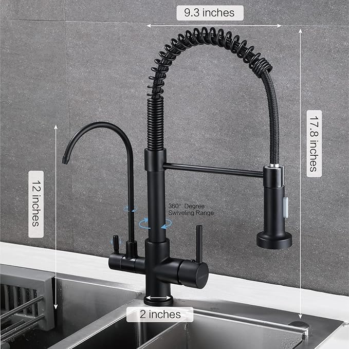 HUAHUALALA 3 in 1 Kitchen Sink Faucet 2 Handle with Spring Sprayer, Kitchen Faucet with Filter, Brass Drinking Water Faucets Reverse Osmosis Matte Black