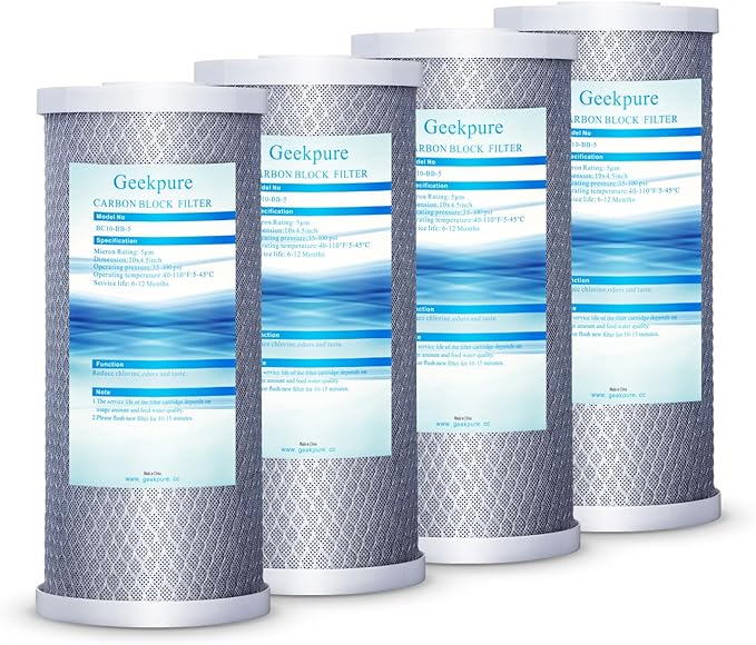 Geekpure 10-Inch Carbon Block Replacement Water Filter Cartridge for Whole House Water Filtration-4.5" x 10"-5 Micron (4)