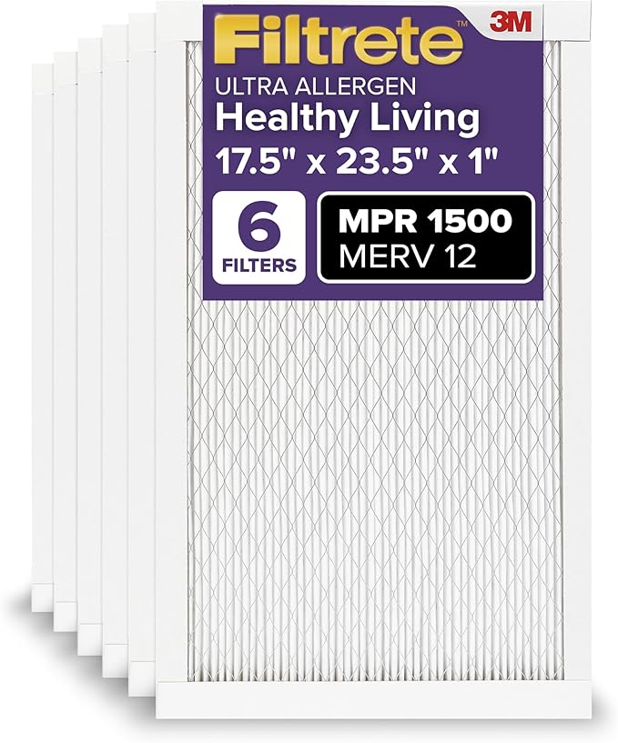 Filtrete 17.5x23.5x1 AC Furnace Air Filter, MERV 12, MPR 1500, CERTIFIED asthma & allergy friendly, 3 Month Pleated 1-Inch Electrostatic Air Cleaning Filter, 6-Pack (Actual Size 17.19x23.19x0.78 in)