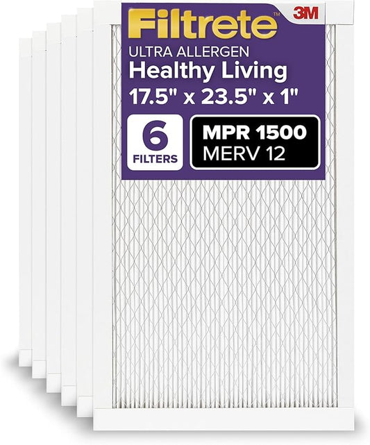 Filtrete 17.5x23.5x1 AC Furnace Air Filter, MERV 12, MPR 1500, CERTIFIED asthma & allergy friendly, 3 Month Pleated 1-Inch Electrostatic Air Cleaning Filter, 6-Pack (Actual Size 17.19x23.19x0.78 in)