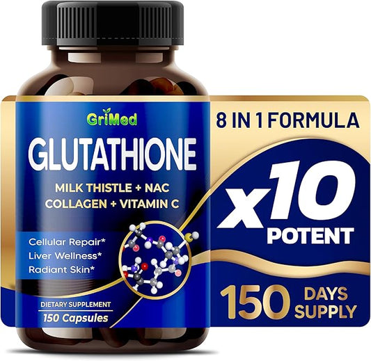 GriMed Glutathione 11,200mg - X10 Power with Milk Thistle, NAC, Collagen, Vitamin C - Cellular Wellness, Radiant Skin - USA Made & Tested (150 Count (Pack of 1))