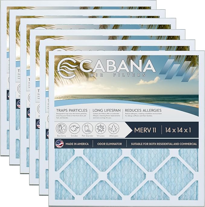 Cabana Filters 14x14x1 AC Furnace Air Filter, Merv 11 Capture Unwanted Particles, Pleated Furnace Filter HVAC AC Filters - Made in the USA - 6 Pack