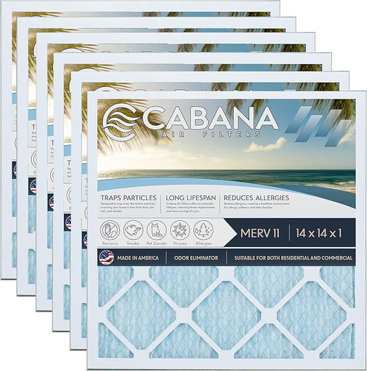 Cabana Filters 14x14x1 AC Furnace Air Filter, Merv 11 Capture Unwanted Particles, Pleated Furnace Filter HVAC AC Filters - Made in the USA - 6 Pack