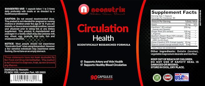 Blood Circulation Health Supplement for Vein Health & Artery Health - L-Arginine, Ginger Root, Hawthorn & Diosmin Cardiovascular Supplement - Natural Circulation Supplements - 90 Capsules by Neonutrix