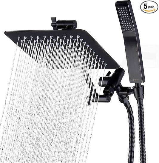 G-Promise All Metal 8 Inch Dual Square Shower Head with Handheld Combo, Rain Shower Head, Adjustable Extension Arm, 3-Way Diverter, 71 Inch Extra Long Hose - A Bathroom Upgrade (Oil Rubbed Bronze)