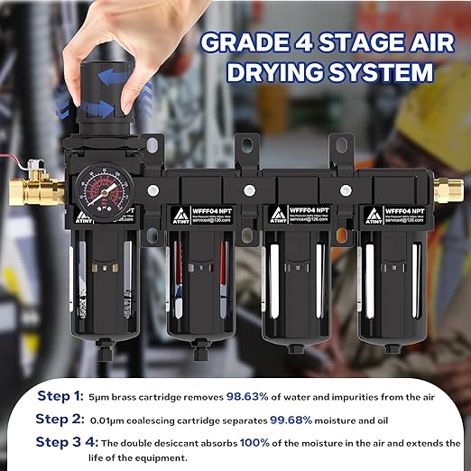 1/2 Inch NPT 4 Stage Air Drying System,Brass Filter&Coalescing Filter,Double Desiccant Dryers & Air Regulator,Metal Bowl, Semi-Auto Drain,Industrial Grade(Black)