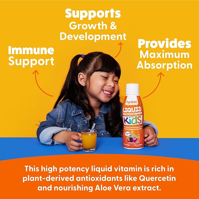 Feel Great Sugar Free Kids Multivitamin – Liquid Multivitamin | Essential Vitamins for Immune Support | Orange Flavored, Vegetarian Formula | 30 Day Supply