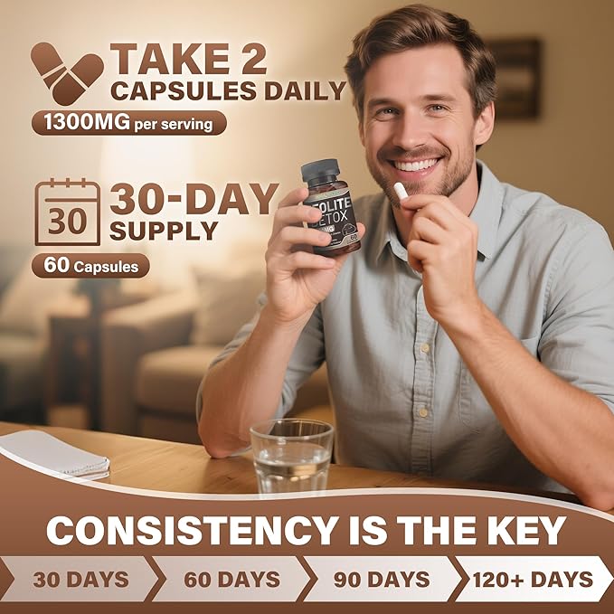 Zeolite Detox Capsules, 1-2 µm Clinoptilolite, Organic Activated Charcoal & Bentonite Clay, Multi-Active Formula for Full Body, Gut & Liver Cleanse, Supplement for Men & Women, 60 Capsules