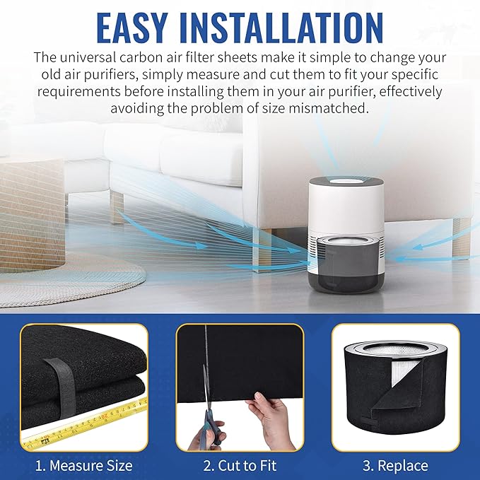 CFS Pack of 4, Universal Cut to Fit Carbon Pre-Filter Pad Roll for Air Purifiers, Range Hood, Furnace Filters & Conditioner Fresh Indoor Air Charcoal Filter Sheet 12"x12"