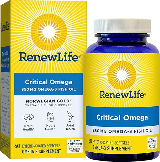 Renew Life Norwegian Gold Critical Omega, Omega-3 Fish Oil, 60 Burp-Free Softgels (Pack May Vary)