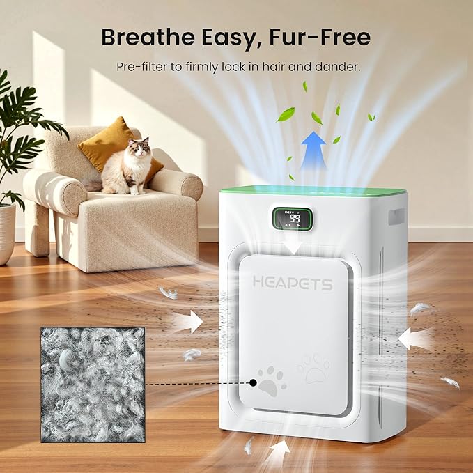 Pet Air Purifier for Home Large Room up to 2000 sq ft, H13 HEPA Double-Sided Air Filter Washable, Air Cleaner for Pet Hair Dander Odor Allergies Pollutant, PM2.5 Air Quality Monitor, Auto Mode, Green