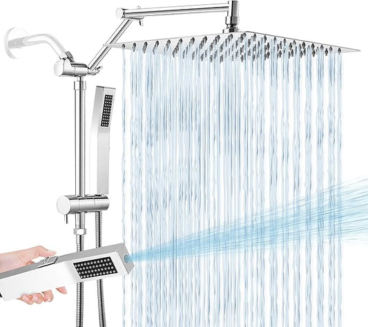 All Metal 12 Inch Rain Shower Head with Handheld Spray Combo, High Pressure Waterfall Rainfall Square Shower Heads with 16" Adjustable Extension Arm, Dual Showerhead with 3-Way Diverter, Chrome