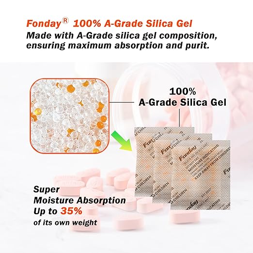 20Gram 50Packets Fonday Rechargeable Silica Gel Desiccant Packets Food Grade Fast Reactivate Desiccant Bags Moisture Indicating Orange to Green