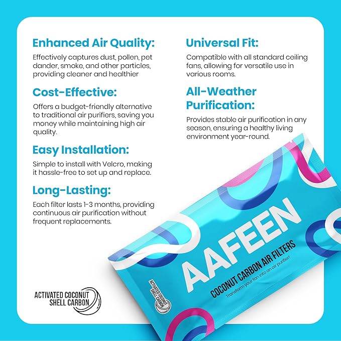 Ceiling Fan Filters for Blades - 3 Pcs Activated Coconut Shell Carbon Ceiling Fan Air Purifier Pads - Adhesive Fans Filter - Dust Catcher Fans Blade Air Purifier Pads - Fresh Natural Air