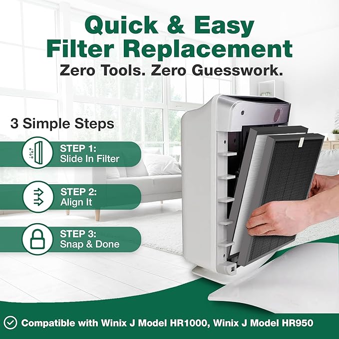 Think Crucial Replacement 2 Air Purifier Filters & 2 Carbon Filters Fit Winix J, Models HR950 & HR1000, Compatible with Part # 117130-4 PACK