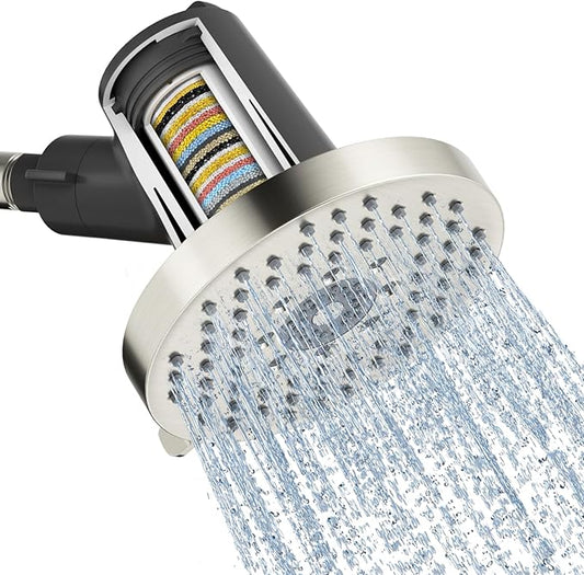 SR SUN RISE Filtered Shower Head with Filters- High Pressure Rain Shower Head,with 20-Stage shower Filter,6 Spray Modes for Hard Water Softener, Remove Chlorine (Brushed Nickel,5.5 Inch Round)