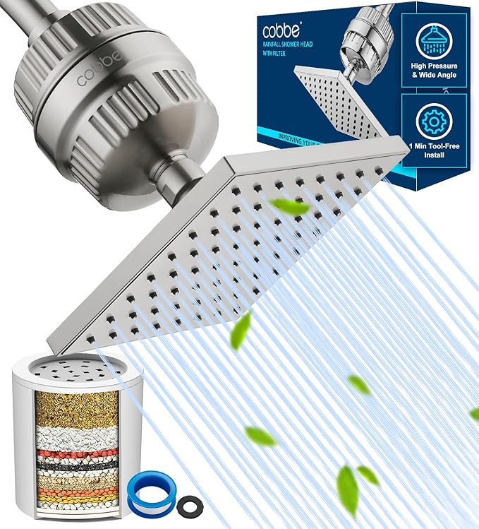 Cobbe High Pressure Filtered Shower Head Combo, Rain Shower Head with 20 Stage Shower Head Filter for Hard Water - Adjustable Replacement Remove Chlorine and Harmful Substances, Brushed Nickel