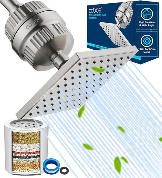 Cobbe High Pressure Filtered Shower Head Combo, Rain Shower Head with 20 Stage Shower Head Filter for Hard Water - Adjustable Replacement Remove Chlorine and Harmful Substances, Brushed Nickel