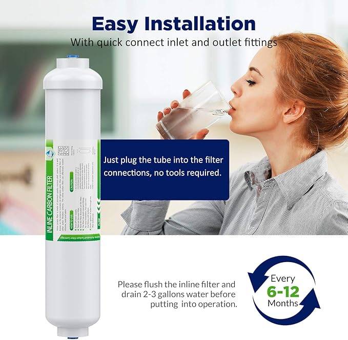 Membrane Solutions T33 Inline Water Filter, 2-Pack 1/4" Quick-Connect Replacement Cartridges for Refrigerator & Ice Maker, Post-Carbon Filter for Reverse Osmosis Systems, Push-to-Connect