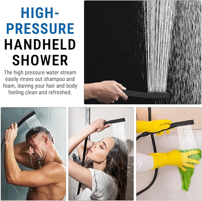 G-Promise All Metal 14 Inch Dual Square Shower Head with Handheld Spray Combo, Rain Shower Head, Adjustable Extension Arm, 3-Way Diverter, 71 Inch Extra Long Hose - A Bathroom Upgrade (Matte Black)