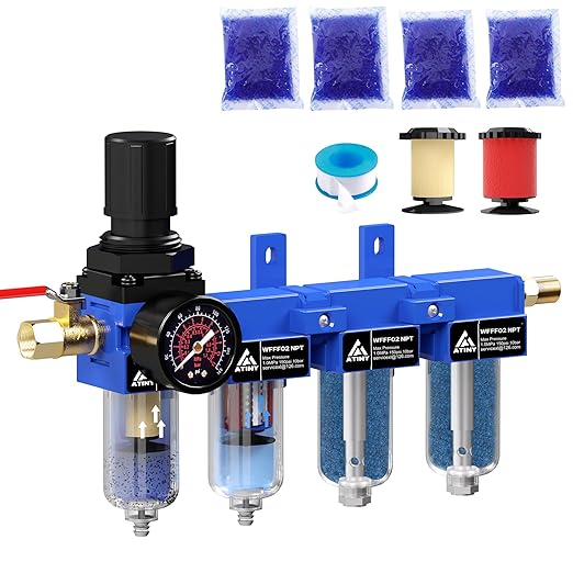 1/4'' NPT Compressed Air Dryer, 4 Stage Air Drying System,Brass Filter, Coalescing Filter,Double Desiccant Dryers & Air Regulator,Metal Bowl, Semi-Auto Drain,Industrial Grade-Blue