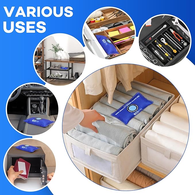 12 Pack Rechargeable Desiccant Packs, 100g Each, Blue, Color Indicating Silica Gel Dehumidifier Bags for Storage, Closets, Cars, Bins