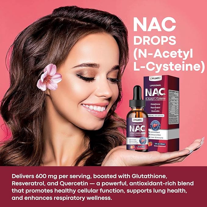 Liposomal Liquid NAC Supplement N-Acetyl Cysteine Drops, N Acetyl Cysteine 600mg with Glutathione, Resveratrol & Zinc for Adults & Kids Liver Lung Antioxidant Immune & Skin Health, Strawberry 2 Fl Oz
