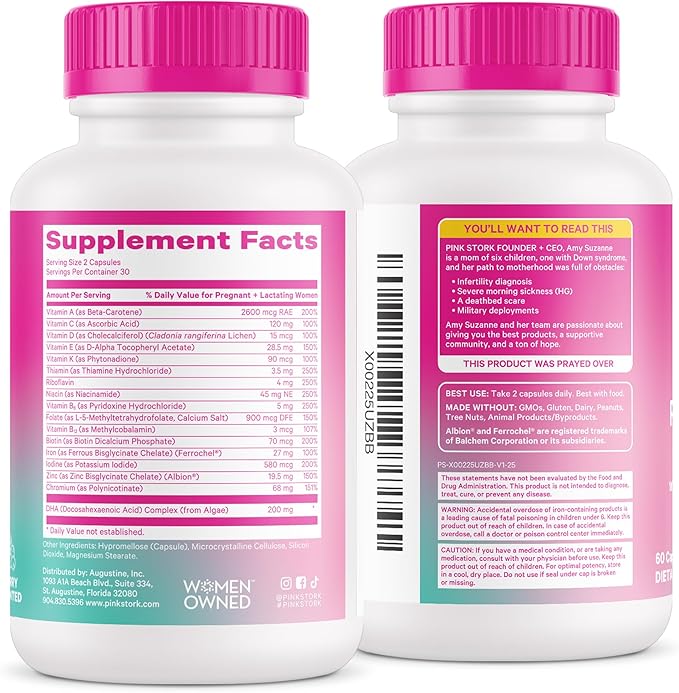 Pink Stork Total Postnatal Vitamins for Women with Vegan DHA, Iron, Folate, and Vitamin B12, Postpartum Recovery Essentials, Daily Supplement for Breastfeeding Moms - 1 Month Supply