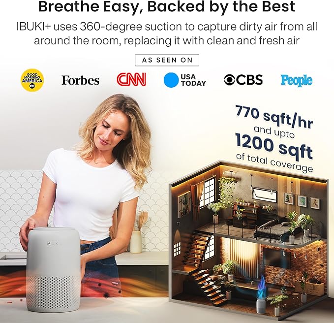 MIKO Air Purifier for Bedroom with 3-in-1 HEPA Filter & Sleep Mode, Whisper Quiet, Covers Up to 1200 ft, Smart Wi-Fi App Control - Removes Smoke, Allergens, Pets Hair, Dust, Odors, Pollutants
