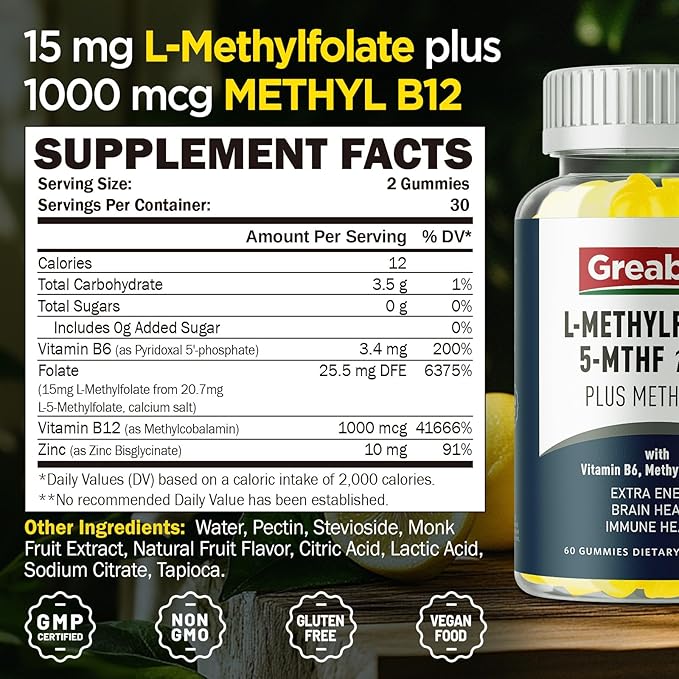 L Methylfolate Gummies, 5MTHF 15 mg with Methyl B12 1000mcg, Methyl Folate Gummies Supplement, Active Form, MTHFR-Friendly, Brain Health & Immune Support, Sugar Free, 60 Gummies