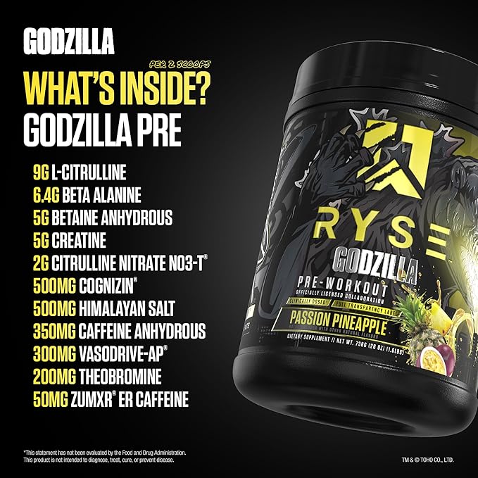 RYSE Godzilla X Noel Deyzel Pre Workout Powder - Passion Pineapple - 400mg Caffeine, High Stim Pre-Workout for Men & Women with Citrulline & Beta Alanine - Energy, Pump & Focus - 20/40 Servings