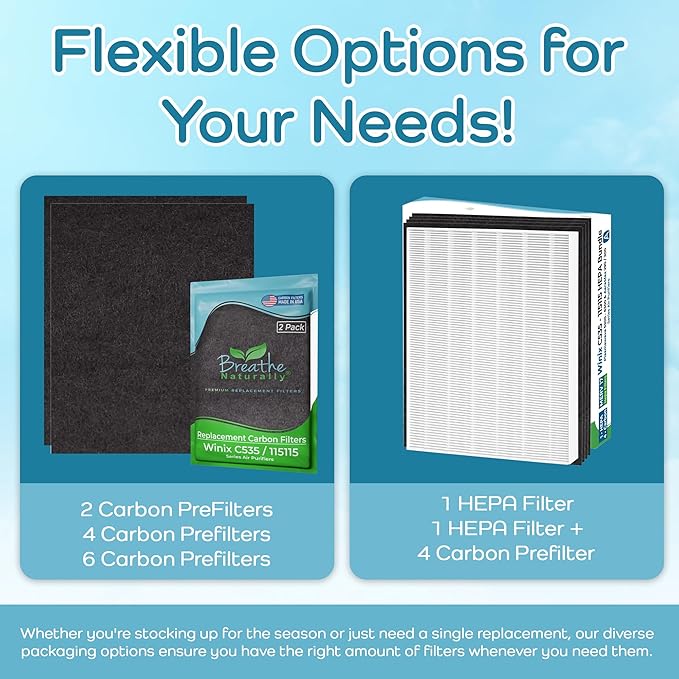 Breathe Naturally Replacement Filters Compatible with Winix C535, Plasmawave 5300, 6300 and Aeramax 300/290 Air Purifiers - HEPA Filters - Carbon Activated Filter (1 HEPA Filter + 4 Carbon Prefilters)