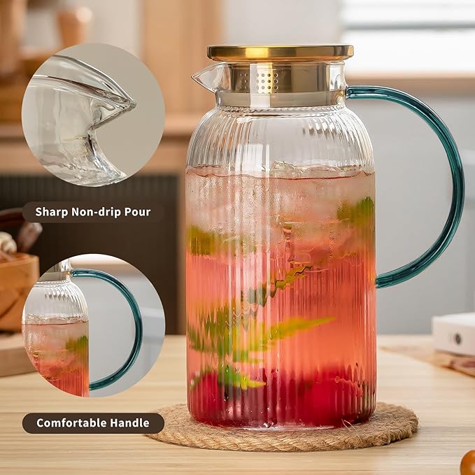 2 PACK Glass Pitcher with Lid,68 oz/ 2 Liter Vertical Stripes Water Pitcher With Green Handle,Glass Water Carafe for Cold Brew,Coffee, Lemonade, Iced Sun Tea,Beverage,Milk Heat Resistant