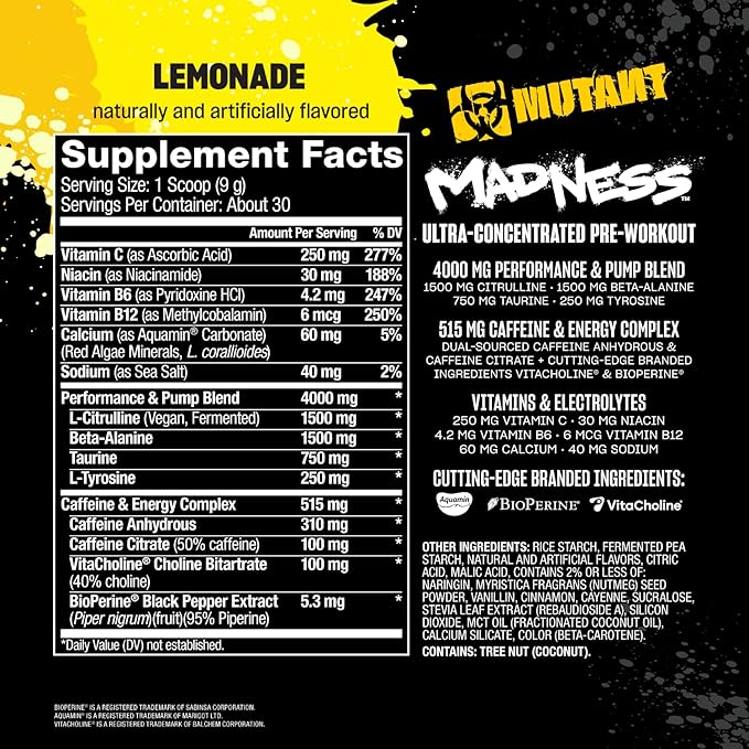 Mutant Madness | Pre Workout Powder Performance and Pump Blend Includes L-Citrulline, Beta-Alanine, Taurine, L-Tyrosine (Lemonade)